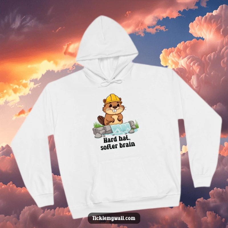 Funny hoodie showing a goofy beaver in a hard hat building a wonky dam, designed for comfort and humor.