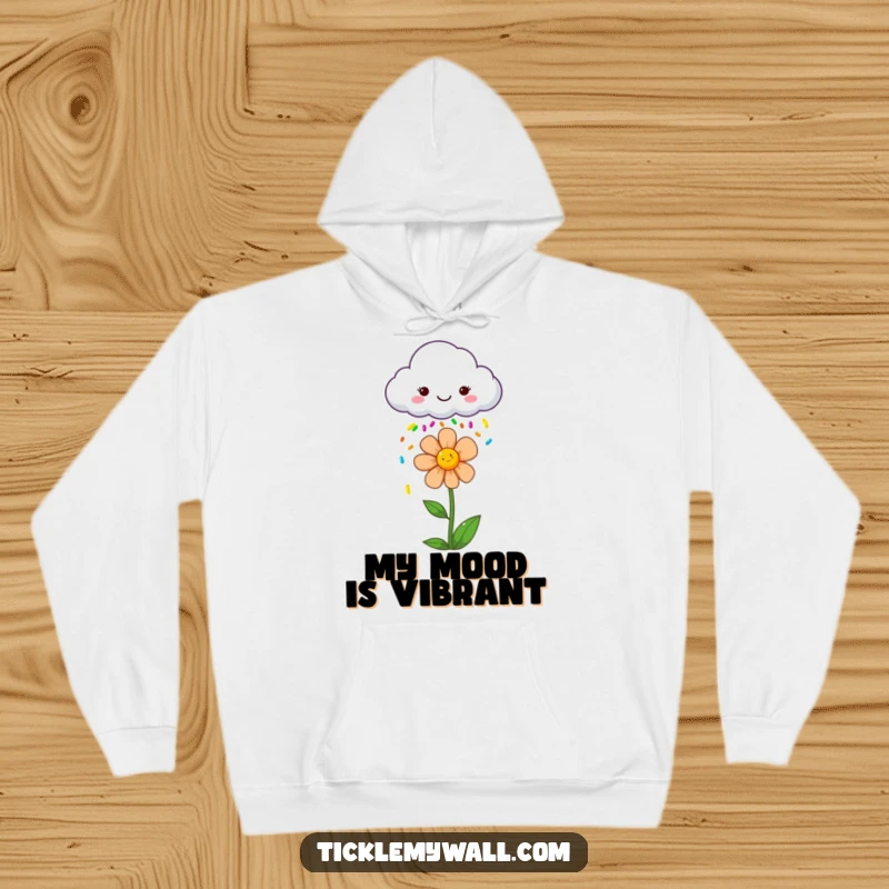 Funny hoodie print of a smiling cloud showering a happy flower with a cascade of colorful sprinkles, bringing warmth and joy.