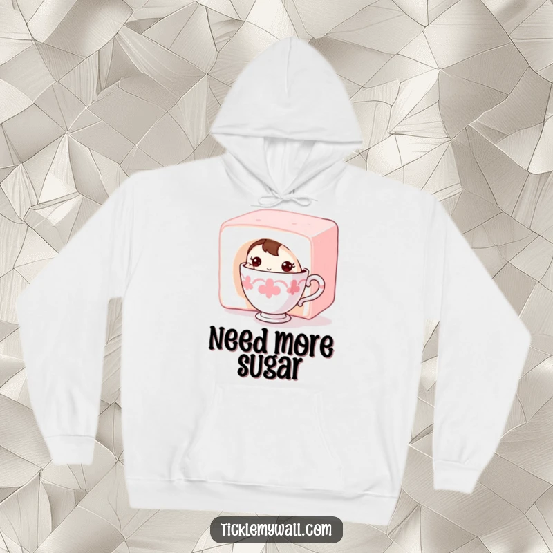 Funny Shy Teacup Hoodie: A shy teacup character seeking refuge behind a large sugar cube, offering cozy comfort.