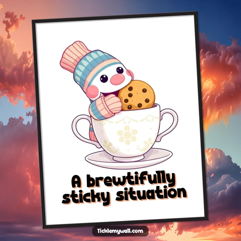 Funny Free Printable Wall Art: A mischievous sock puppet caught red-handed stealing a cookie from a wide-eyed teacup.