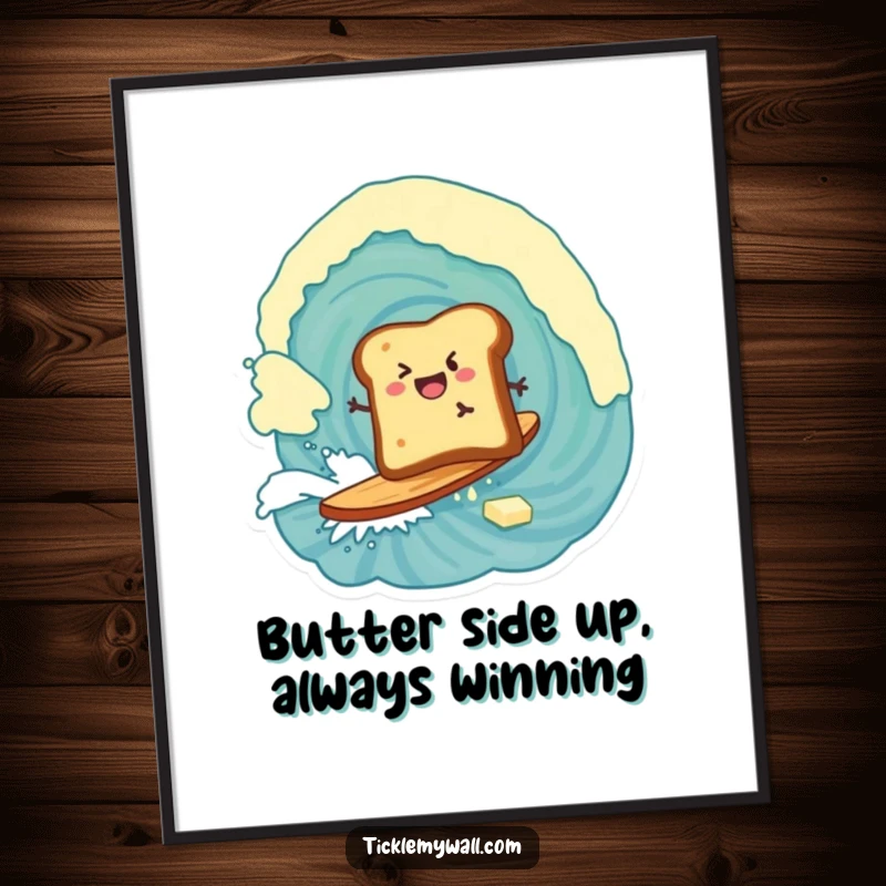 Funny Free Printable Wall Art: A piece of toast surfing a huge butter wave, a hilarious and dynamic breakfast scene.