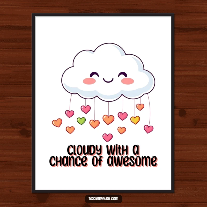 Free Printable Wall Art of a happy cloud raining an abundance of tiny, colorful, bouncing hearts, creating a cheerful atmosphere.