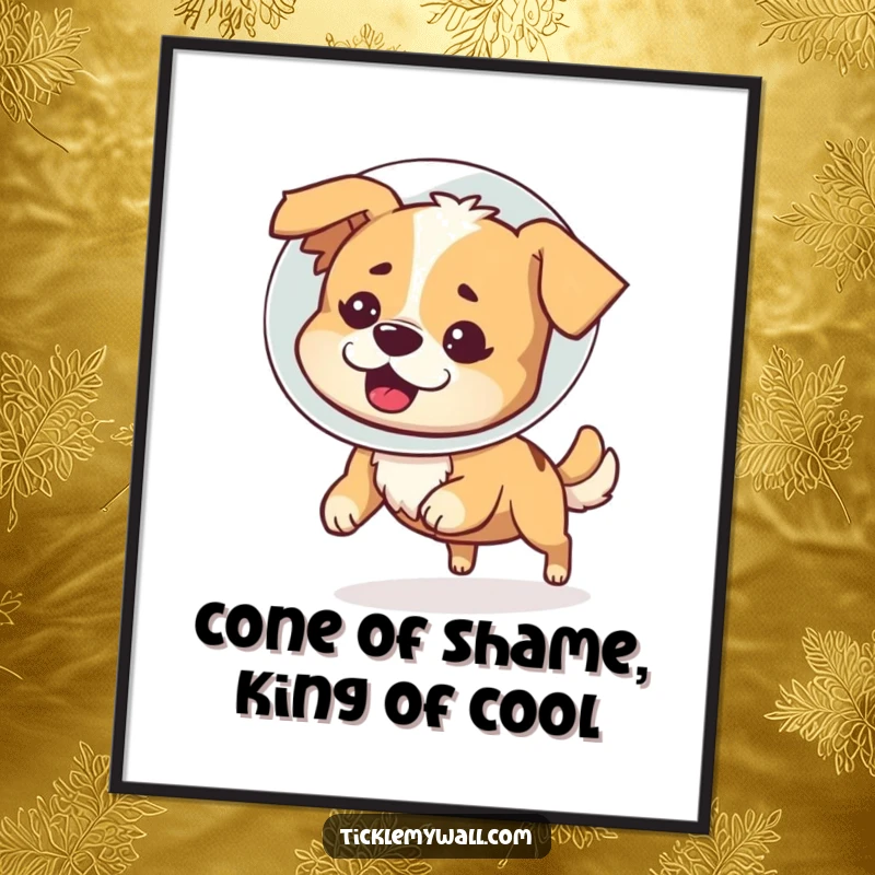Funny Free Printable Wall Art depicting a confused dog wearing a cone of shame, comically chasing its tail, hilarious home decor.