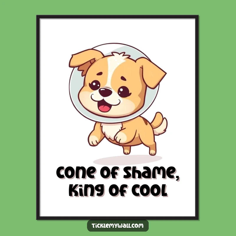 Free Printable Wall Art: Bemused Dog Cone Shame Tail Chase Funny Downloadable Decor