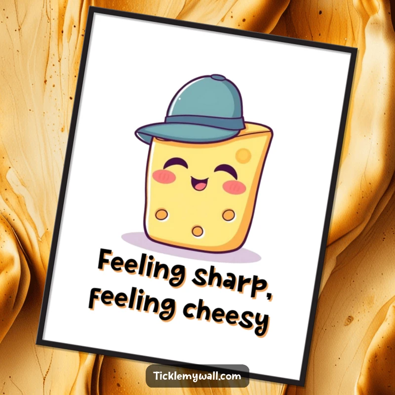 Funny Free Printable Wall Art of a giggling slice of cheese comically trying to wear a ridiculously small hat, a quirky art piece.