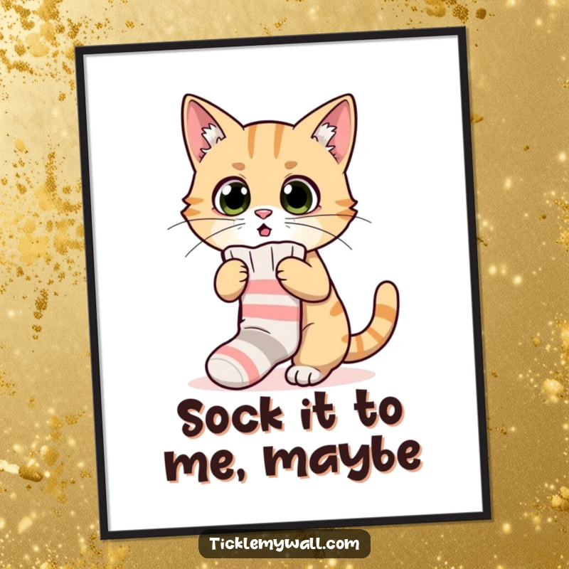 Funny Free Printable Wall Art: A surprised cat hilariously failing to wear a tiny sock.