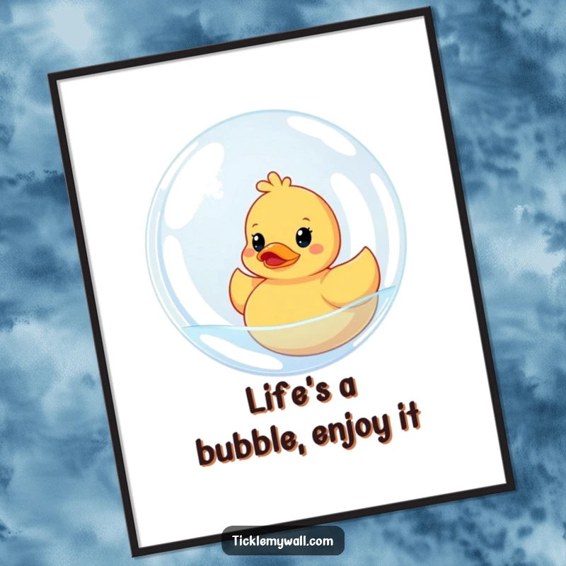 Funny free printable wall art of a rubber ducky comically stuck inside a giant transparent bubble.
