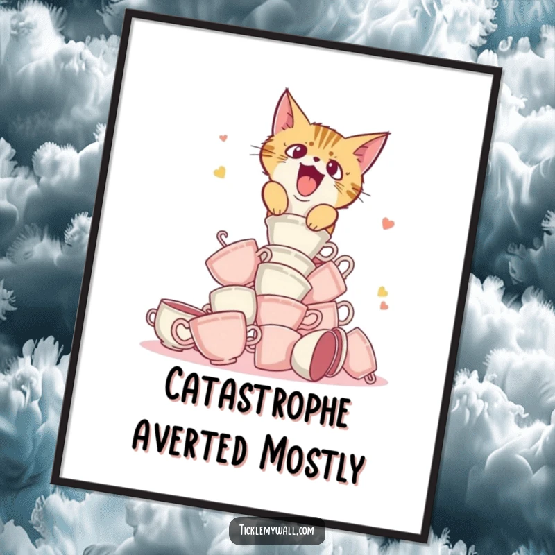 Funny free printable wall art of a startled cat accidentally knocking over a tower of teacups, adding humorous chaos to decor.