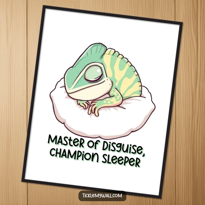 Funny Free Printable Wall Art: A chameleon masterfully camouflaged as a fluffy pillow, snoring peacefully, adding humor.