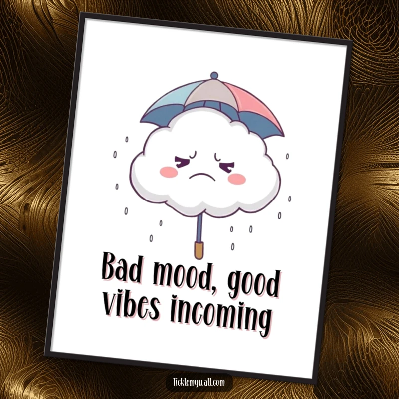 Funny Free Printable Wall Art: A grumpy cloud under a tiny umbrella, raining down a cascade of tiny giggles.