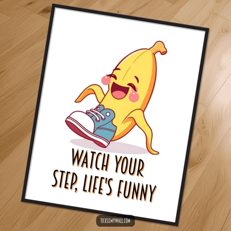Funny Free Printable Wall Art: A laughing banana peel comically trips a surprised shoe, perfect for humorous decor.