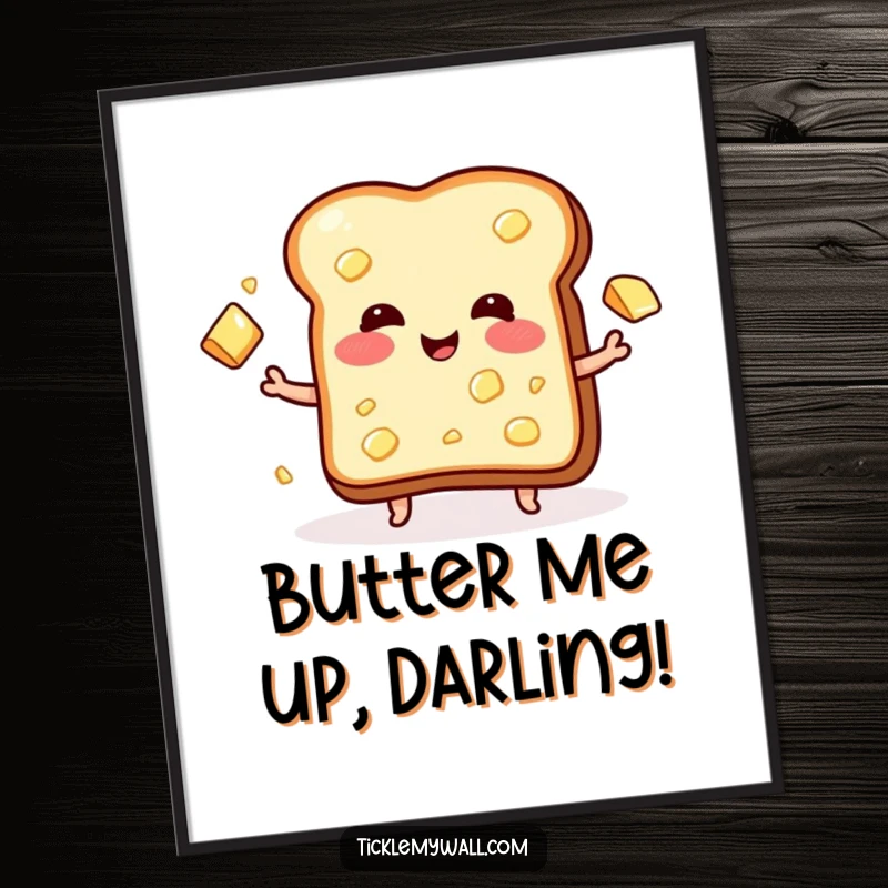 Funny Free Printable Wall Art: A blushing piece of toast joyfully juggles butter pats, creating a humorous kitchen or living room scene.