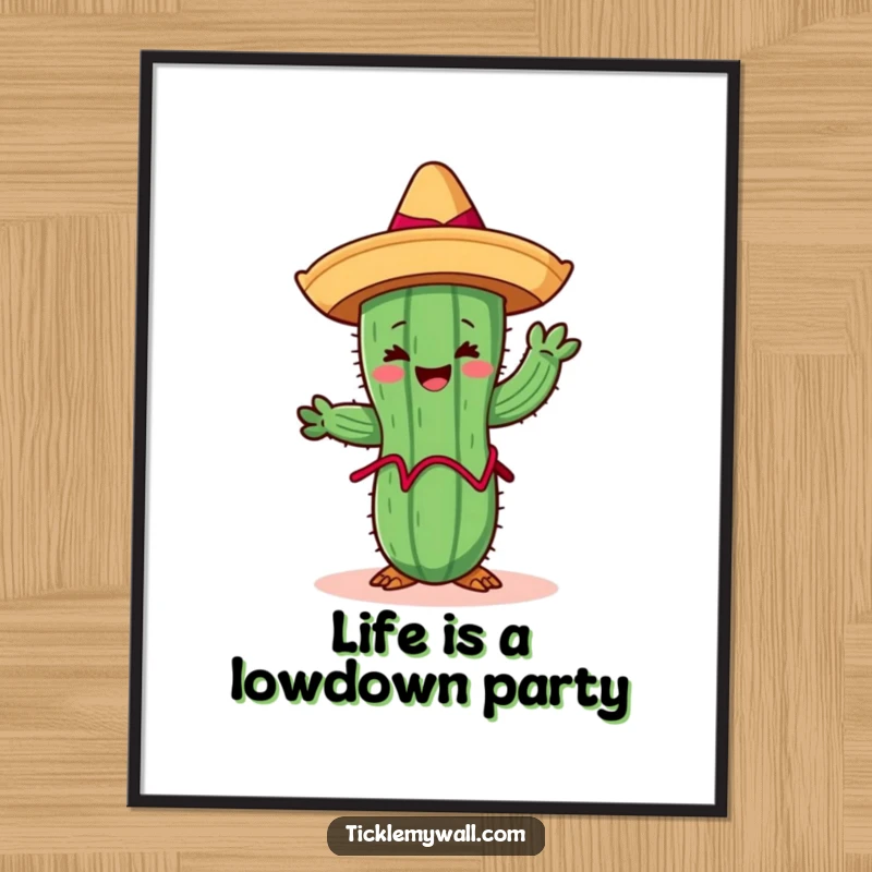 Funny Free Printable Wall Art: A happy cactus wearing a sombrero, attempting to limbo under a bar, a humorous illustration.