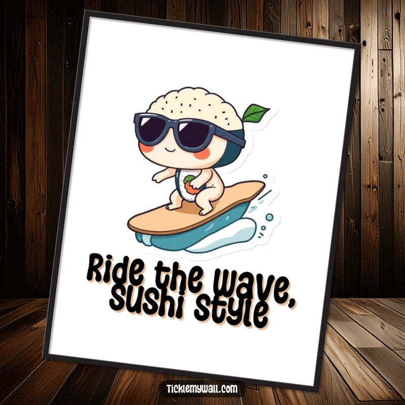 Funny Free Printable Wall Art: Sushi rolls in sunglasses expertly surf a wave, bringing beach vibes.