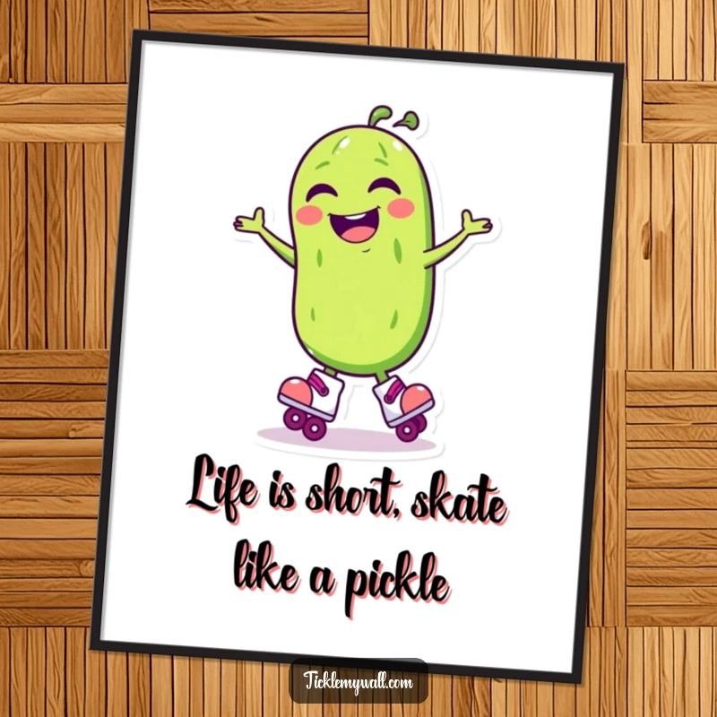 Funny Free Printable Wall Art: A laughing pickle wearing roller skates spins with pure joy.