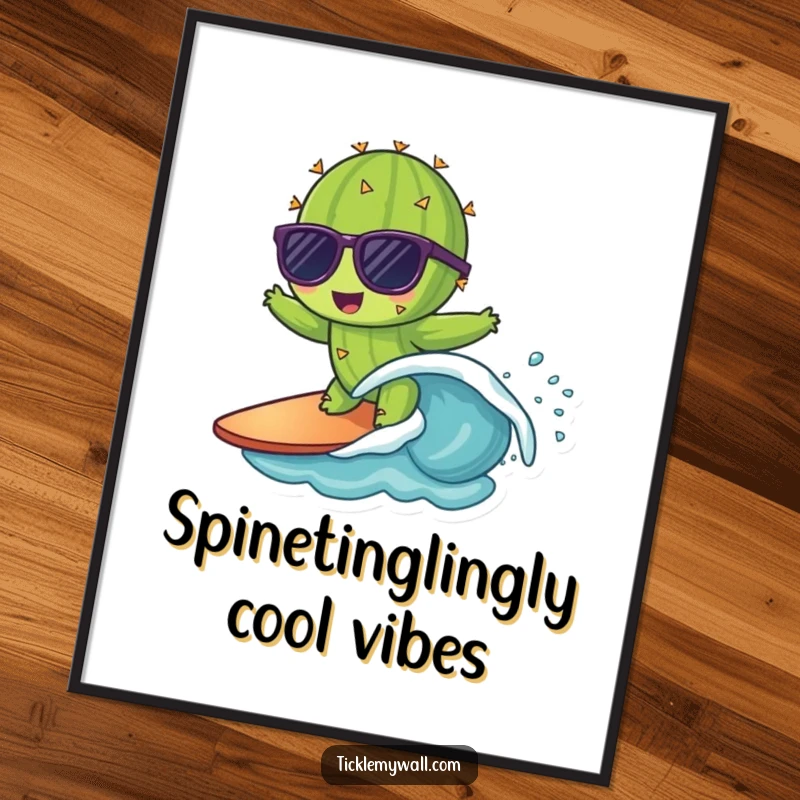 Funny Free Printable Wall Art: Cactus sporting sunglasses, catching a tiny wave with epic, humorous style.