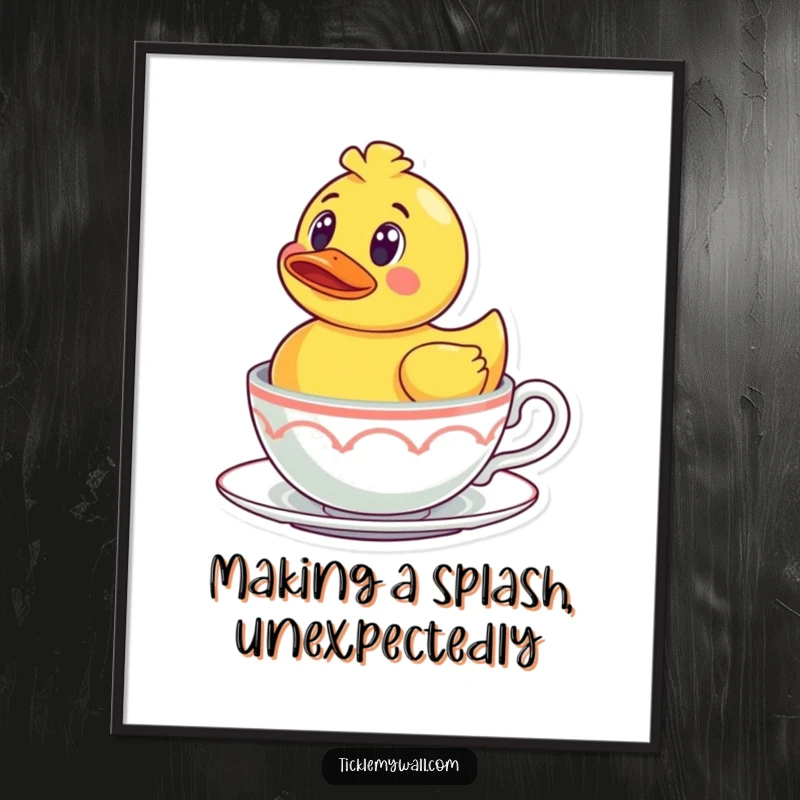 Funny Free Printable Wall Art: A rubber ducky with a shocked expression in a teacup, a humorous and adorable illustration.