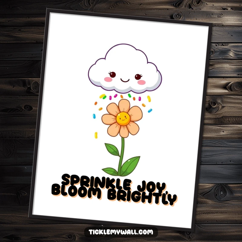 Funny Free Printable Wall Art of a smiling cloud joyfully raining colorful sprinkles onto a radiant, happy flower.