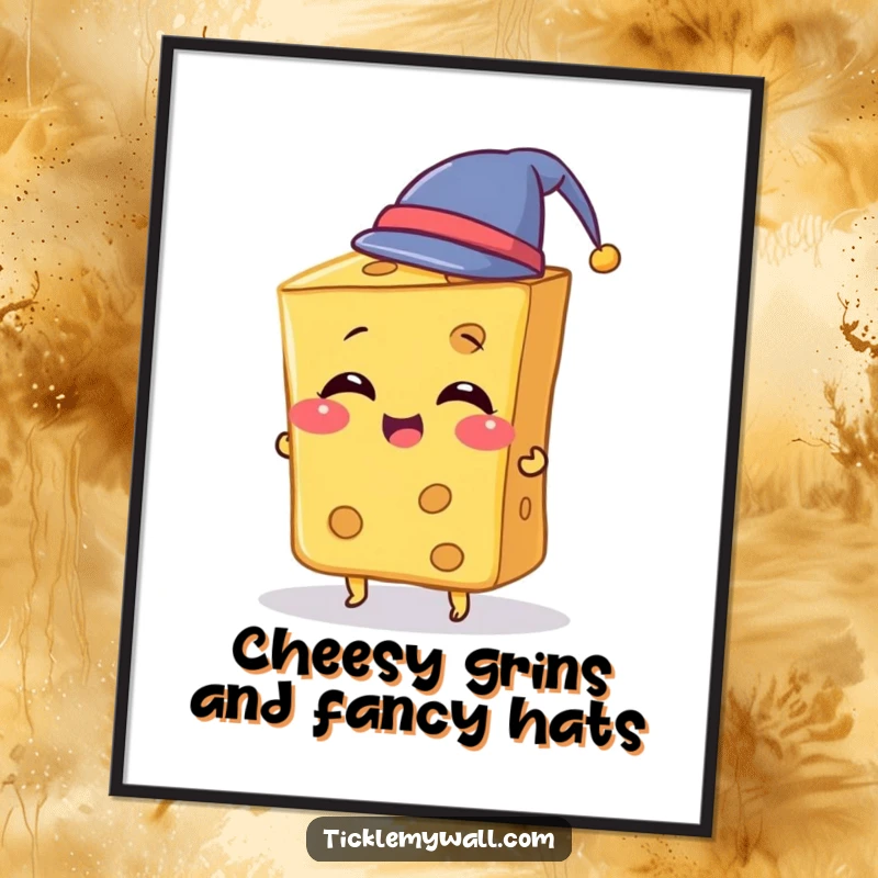 Funny Free Printable Wall Art: Giggling slice of cheese hilariously attempting to wear a tiny hat, a quirky and humorous design.