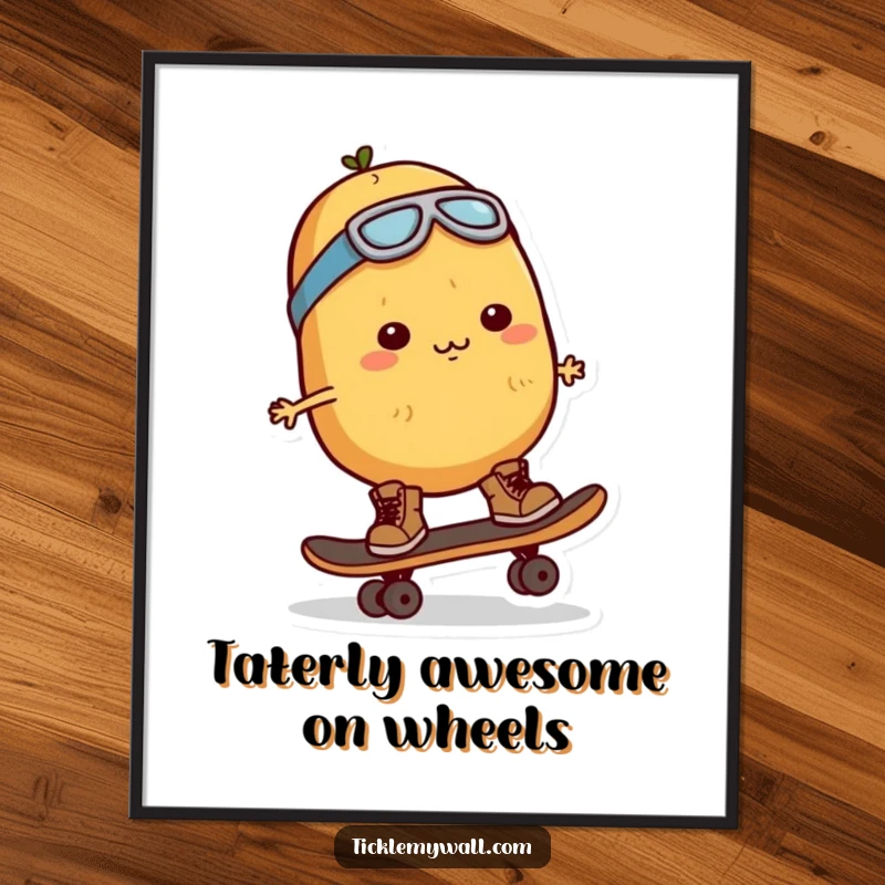 Funny Free Printable Wall Art: a determined potato character wearing tiny boots, confidently riding a skateboard.