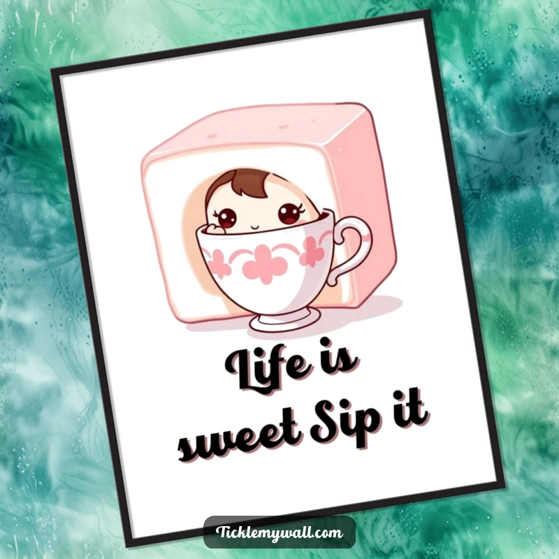 Funny Free Printable Wall Art: a shy teacup character adorably hiding behind an oversized sugar cube.