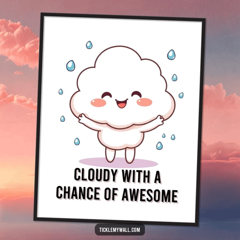 Funny free printable wall art: a happy cloud character playfully juggles tiny raindrops. Adorable and whimsical decor.
