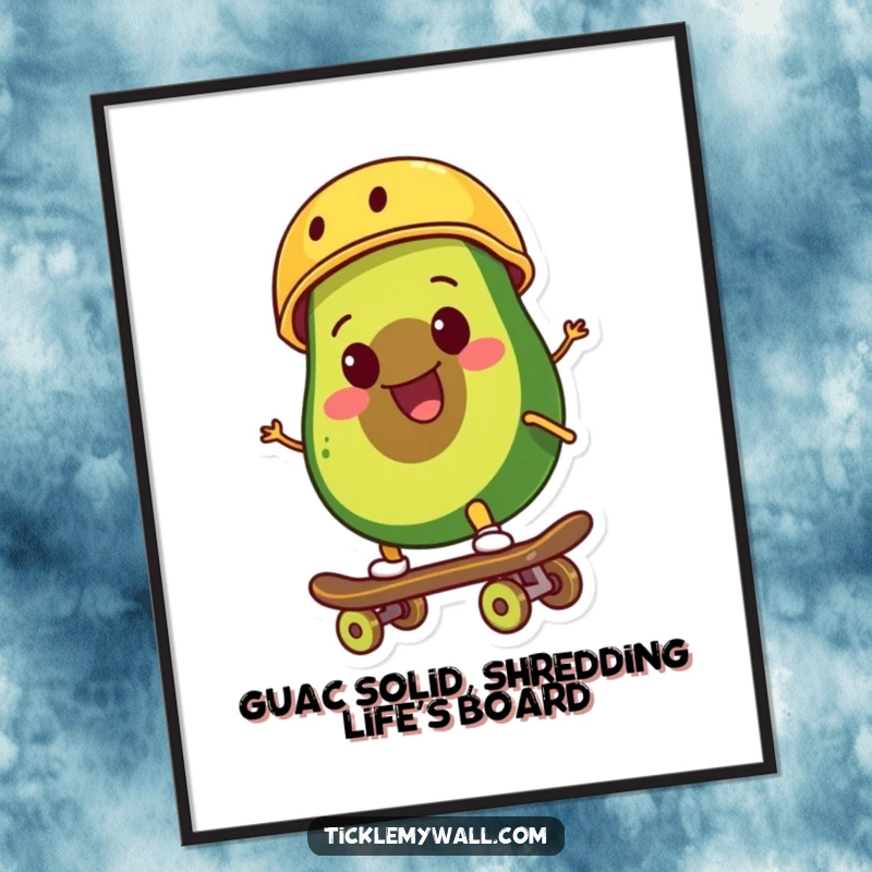 Funny Free Printable Wall Art: Smiling avocado wearing a tiny helmet confidently rides a skateboard down a ramp.