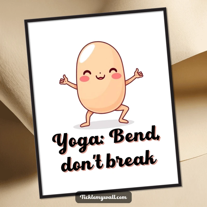 Funny Free Printable Wall Art: a wobbly jelly bean character hilariously attempting a difficult yoga pose, looking determined.