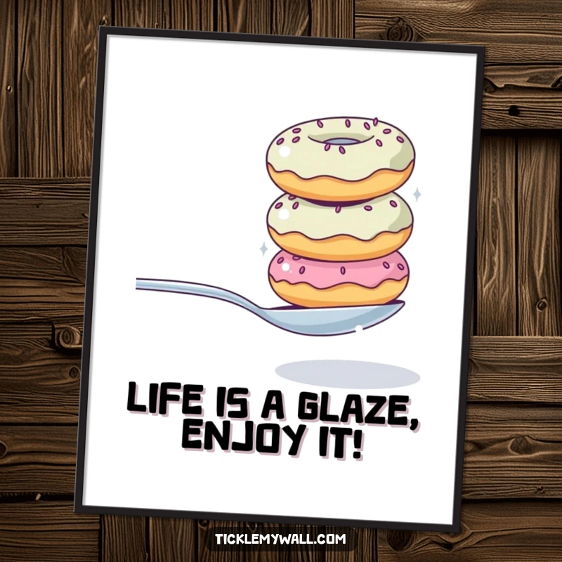 Funny Free Printable Wall Art of a wobbly stack of donuts trying to balance a spoon, adding whimsical charm to any room.