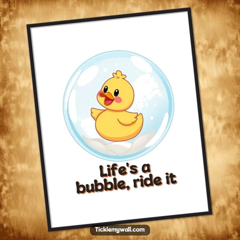 Funny Free Printable Wall Art capturing a delighted rubber ducky joyfully riding a massive bubble, a surreal and amusing scene.