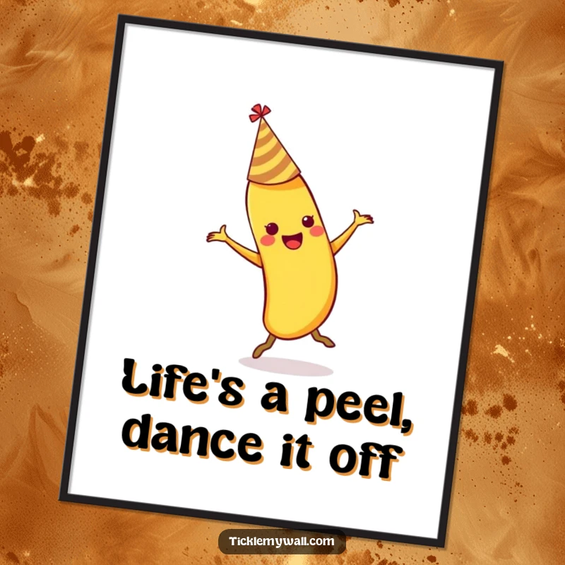 Funny Free Printable Wall Art: Banana in party hat dancing joyfully before slipping dramatically on a banana peel.