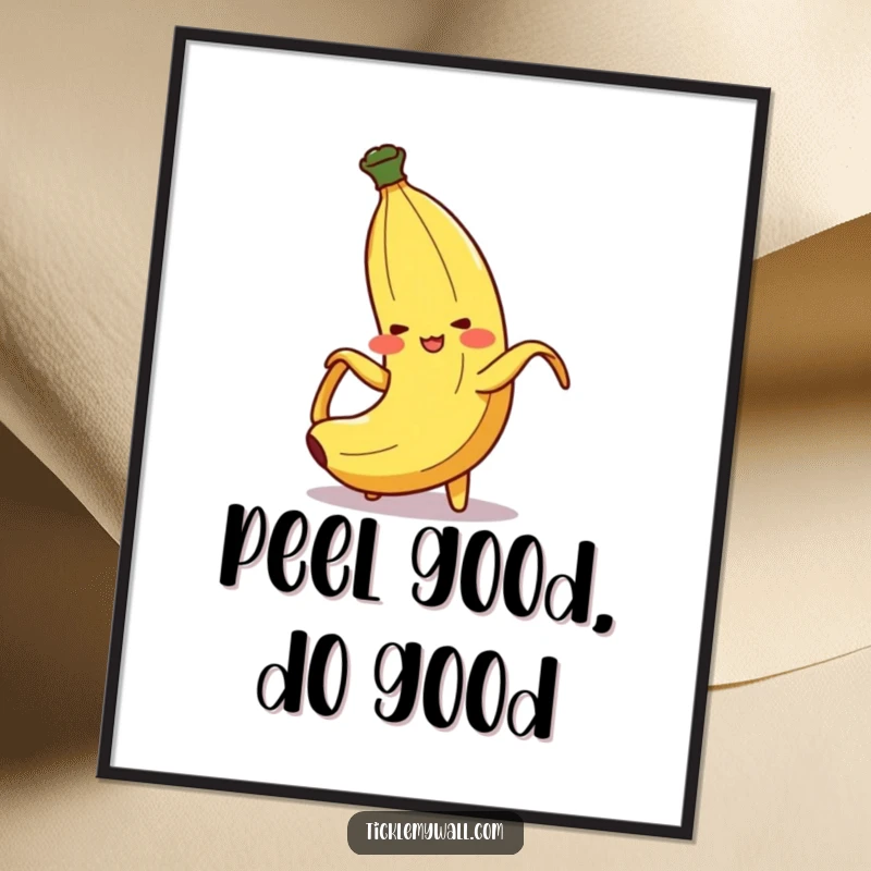 Funny Free Printable Wall Art depicting a blushing banana peel character in a dramatic, comical slip.