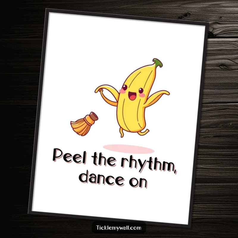 Funny Free Printable Wall Art: A delighted banana peel dances with a broom in a cheerful pose.