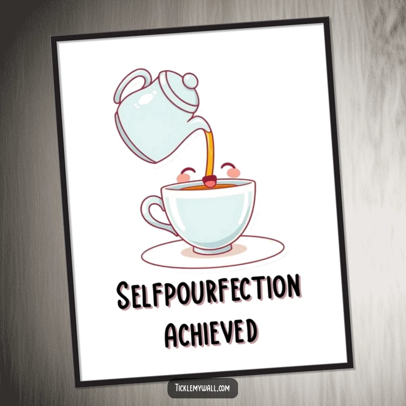 Funny Free Printable Wall Art: Happy teacup pouring itself tea from a teapot, whimsical kitchen decor, downloadable art.