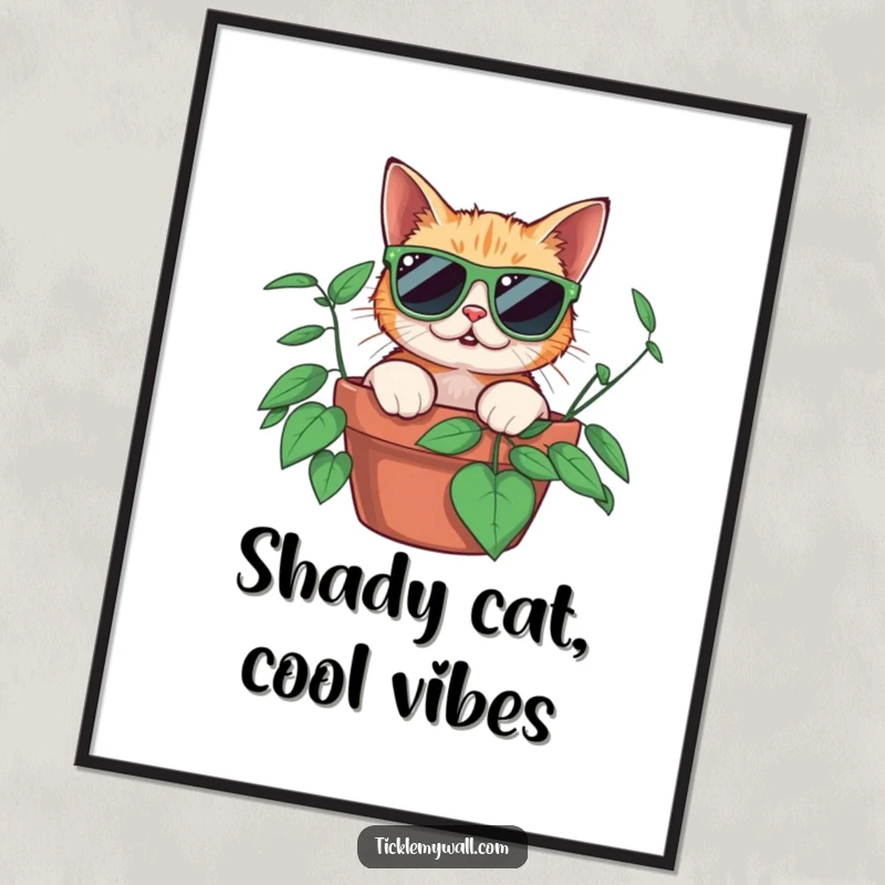 Funny free printable wall art: a shocked cat wearing oversized sunglasses peeks curiously from a green potted plant. Quirky decor.