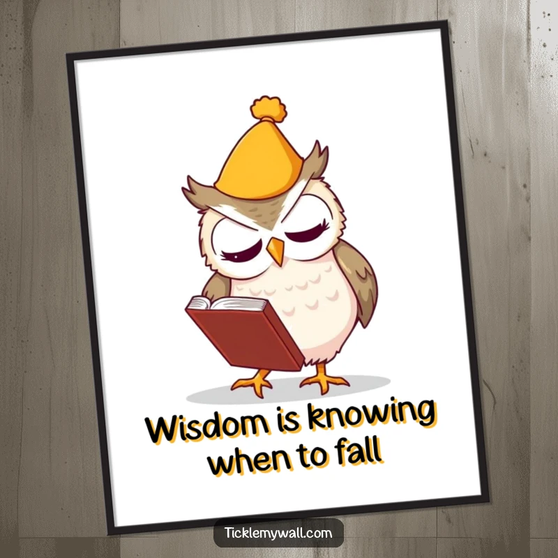 Funny free printable wall art of a clumsy owl wearing a hat, tripping and fumbling a book, adding humor to any room.