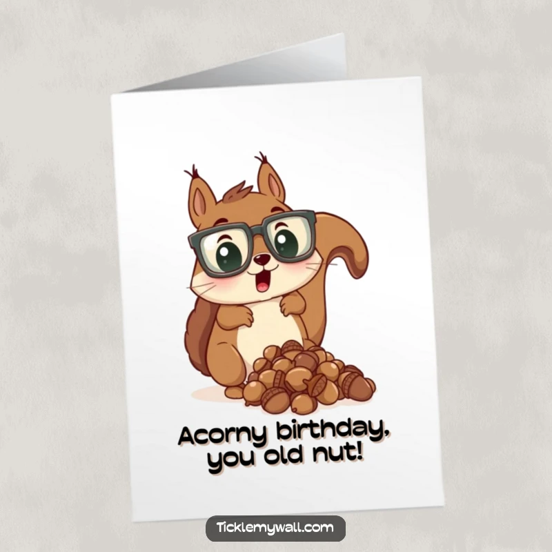 Funny Free Printable Birthday Card: Surprised squirrel wearing oversized glasses drops acorns, a comical birthday mishap.