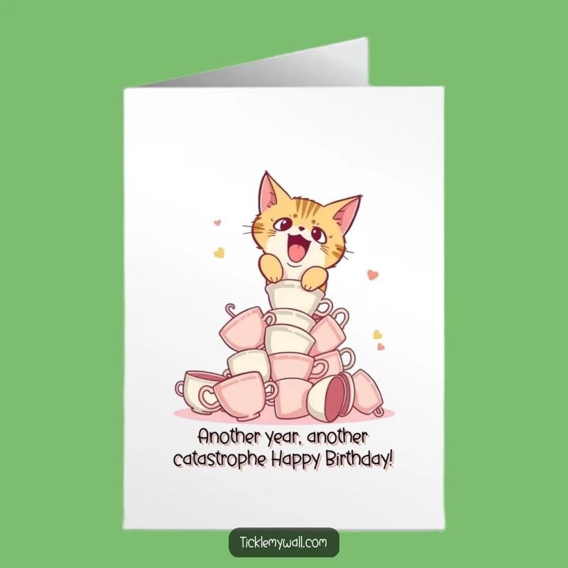 Free Printable Funny Cat Birthday Card: Teacup Tumble Downloadable Gift
