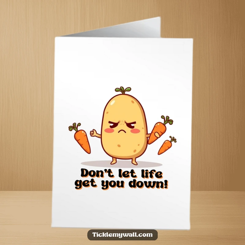 Funny Free Printable Birthday Card: Nervous potato character struggling to juggle three tiny carrots, a hilarious downloadable birthday wish.