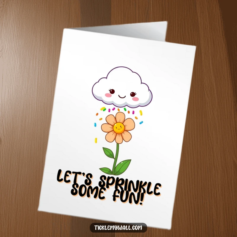 Funny Free Printable Birthday Card featuring a smiling cloud showering a happy flower with a cascade of colorful sprinkles.