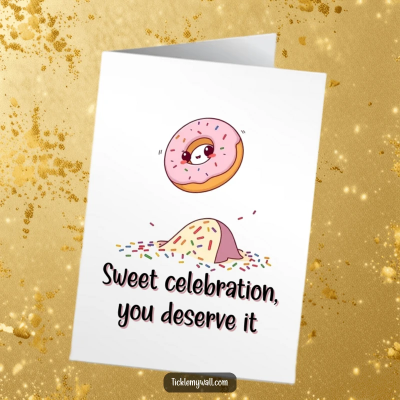 Funny Free Printable Birthday Card: A determined donut energetically leaps over a chaotic sprinkle obstacle.