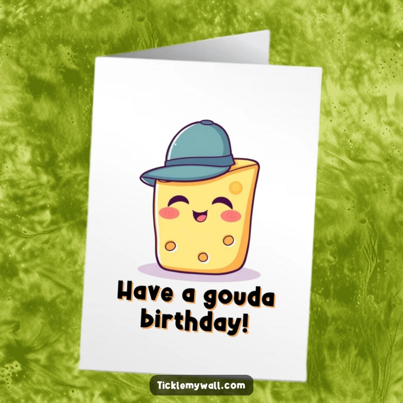 Funny Free Printable Birthday Card featuring a grinning slice of cheese hilariously attempting to balance a comically tiny hat on its head.