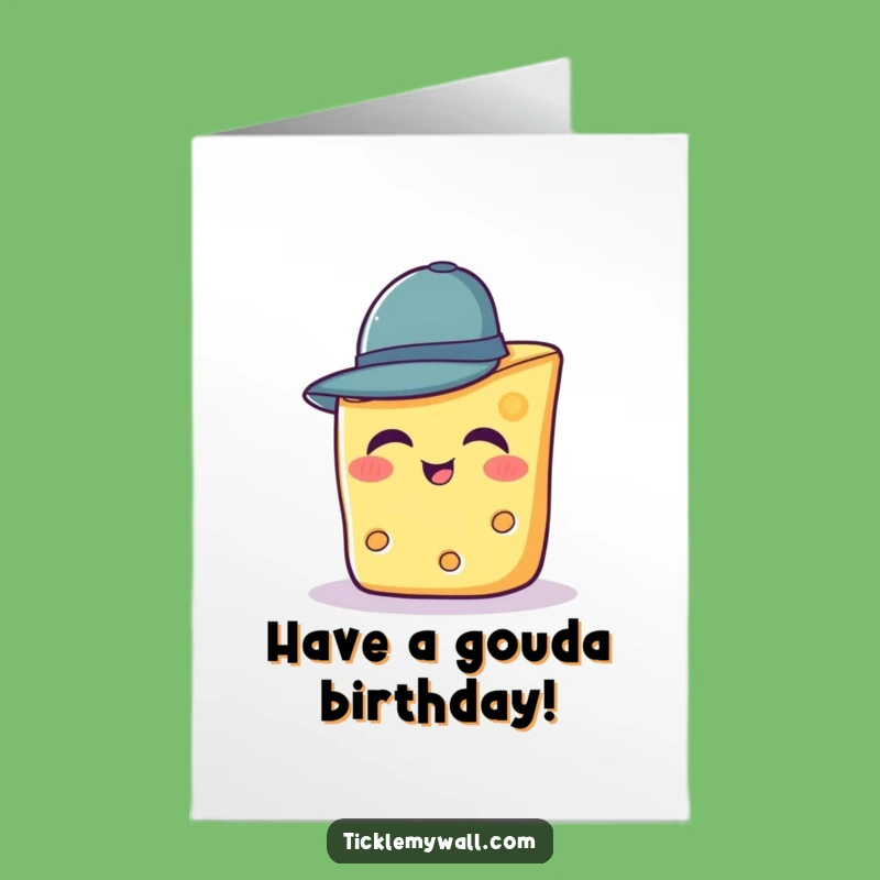 Free Printable Birthday Card: Giggling Cheese in Hat - Funny Downloadable Greeting