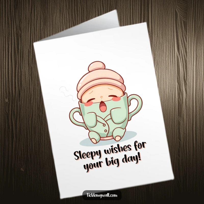 Funny Free Printable Birthday Card: A sleepy teacup in pajamas yawning a gentle stream of steam, wishing a happy birthday.