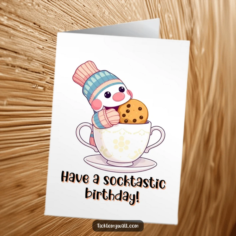 Funny Free Printable Birthday Card: Sock puppet snatching a cookie from a shocked teacup, a playful birthday surprise.