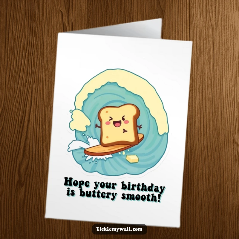 Funny Free Printable Birthday Card: A piece of toast bravely surfing a huge butter wave, a hilarious birthday surprise.
