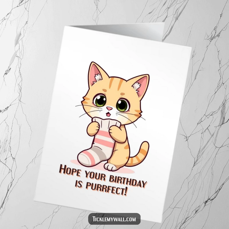 Funny Free Printable Birthday Card: Surprised cat struggling with a tiny, ill-fitting sock, pure chaos.