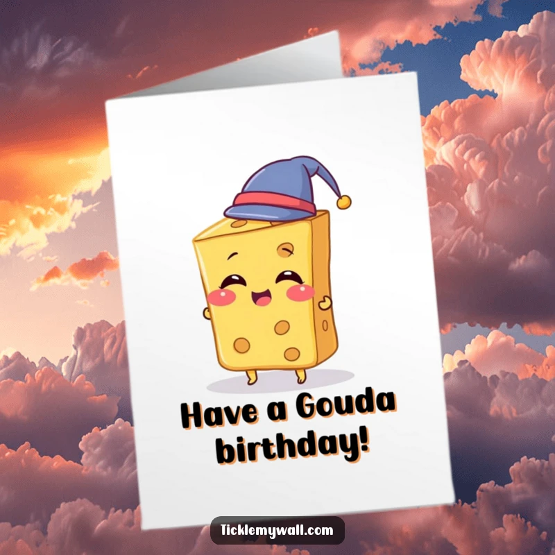Funny Free Printable Birthday Card: Giggling slice of cheese hilariously attempting to wear a tiny hat, a cheesy celebration.