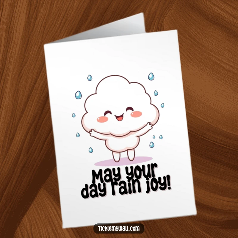 Funny free printable birthday card: a happy cloud character juggles small raindrops. Adorable and whimsical downloadable gift.