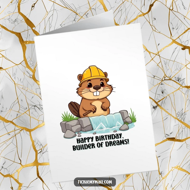 Funny free printable birthday card showing a goofy beaver in a hard hat trying to build a wonky dam, ready to celebrate.